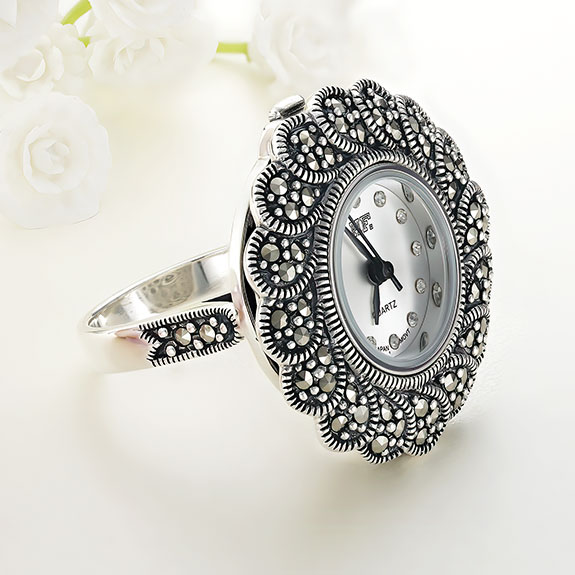 Inel ceas din argint cu pietre marcasite icw0002
